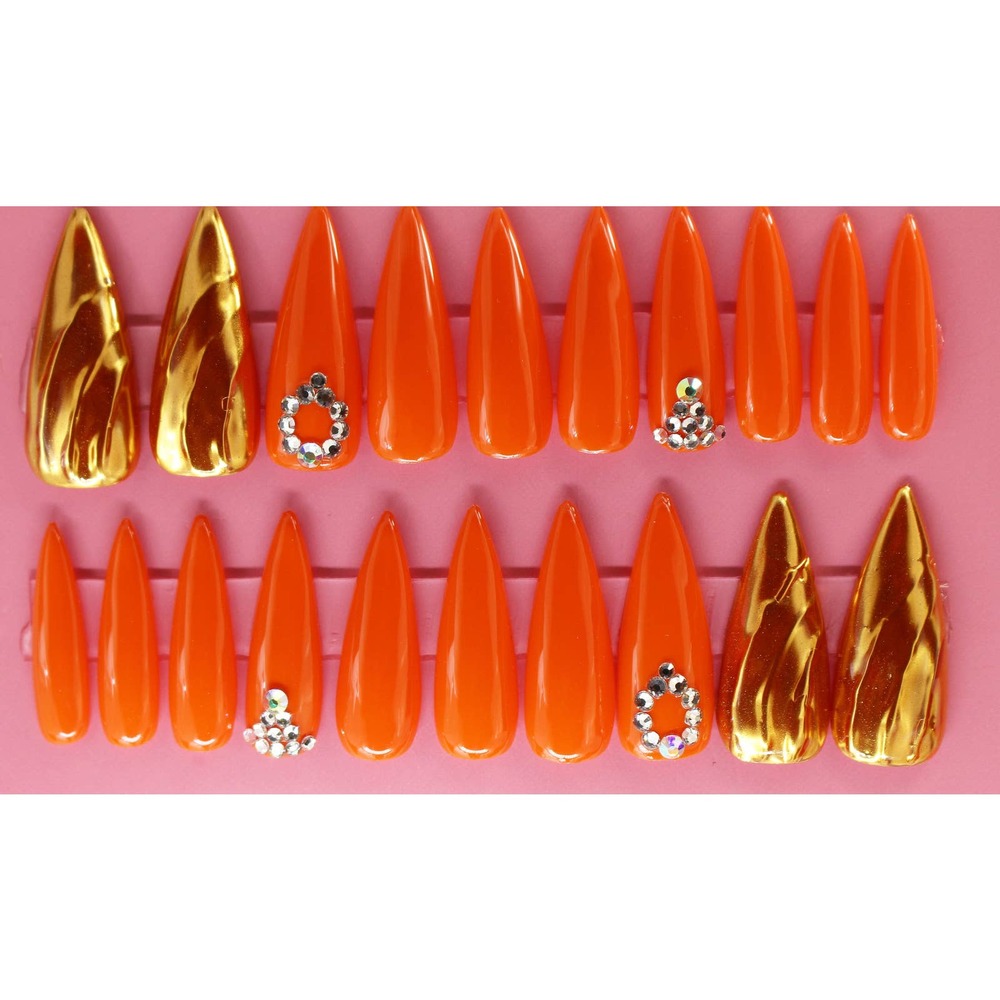Mermaid Gold Orange Long Stiletto Gel Finish Orange Press On Nails Long